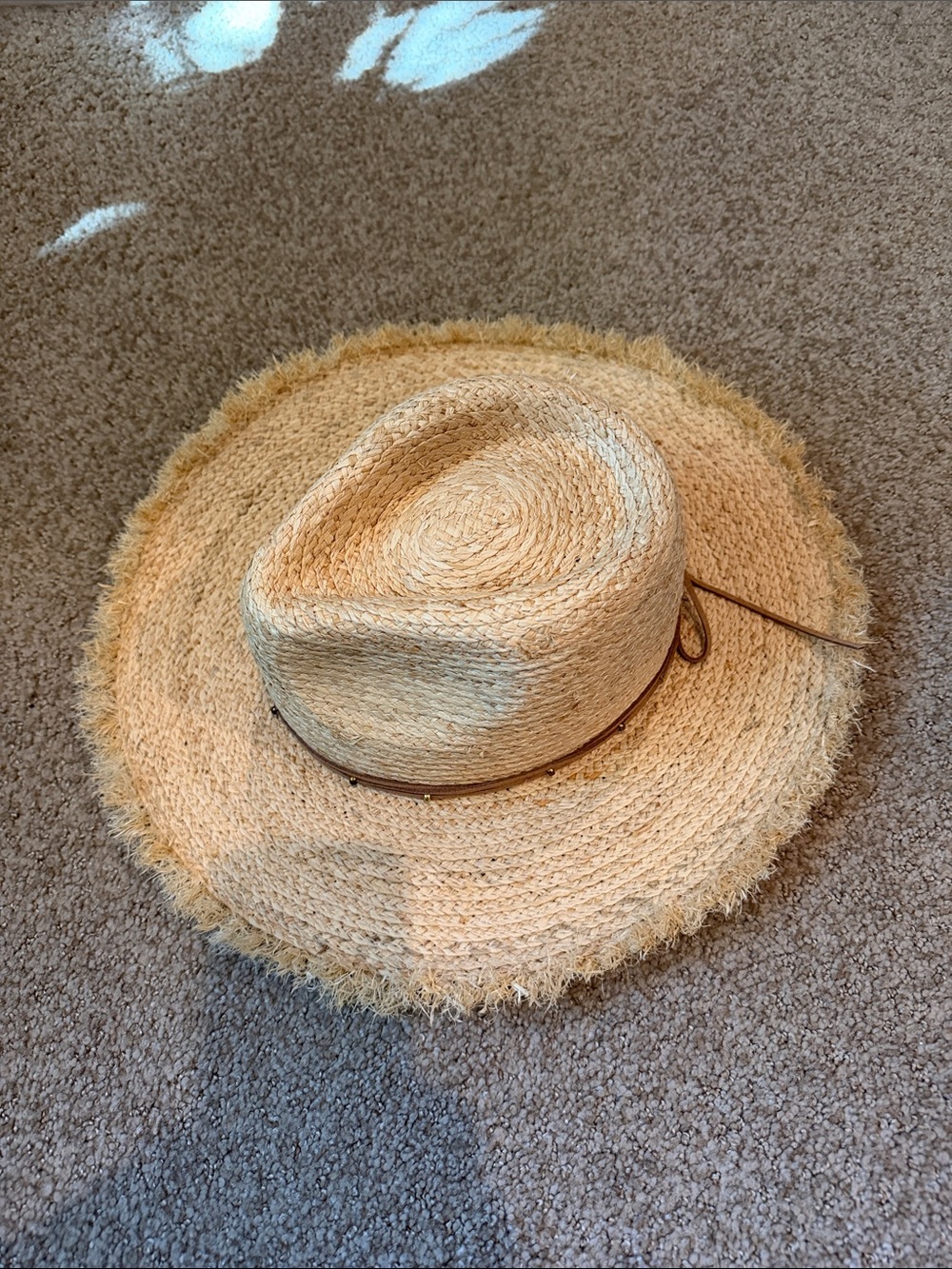 Chico's Natural Straw Frayed Brim Fedora with Brown Tie Detail